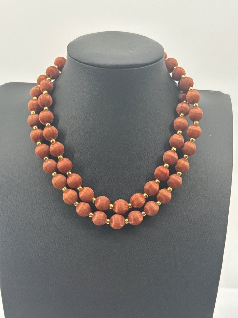 Vintage 60s Silk Wrapped Bead Choker Necklace Gold Accent Earthy Boho Retro